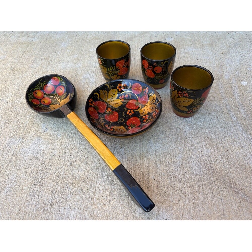 Vintage USSR Russian Khokhloma 5 Piece Lacquer Bowl Cups & Large 12" Spoon Ladle
